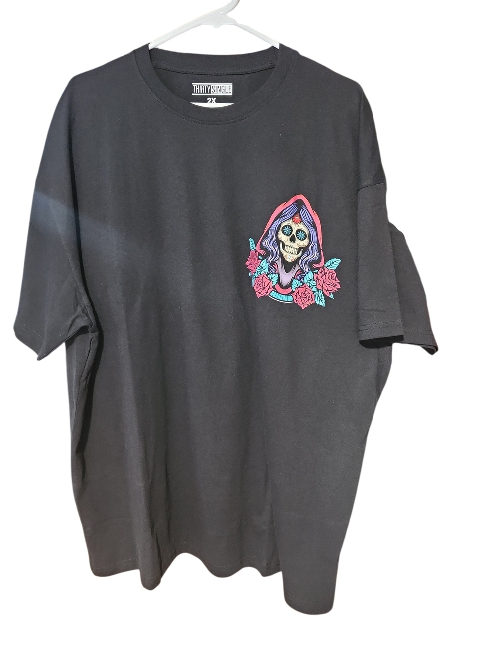 Black Short Sleeve Tee with Floral Skull Graphic